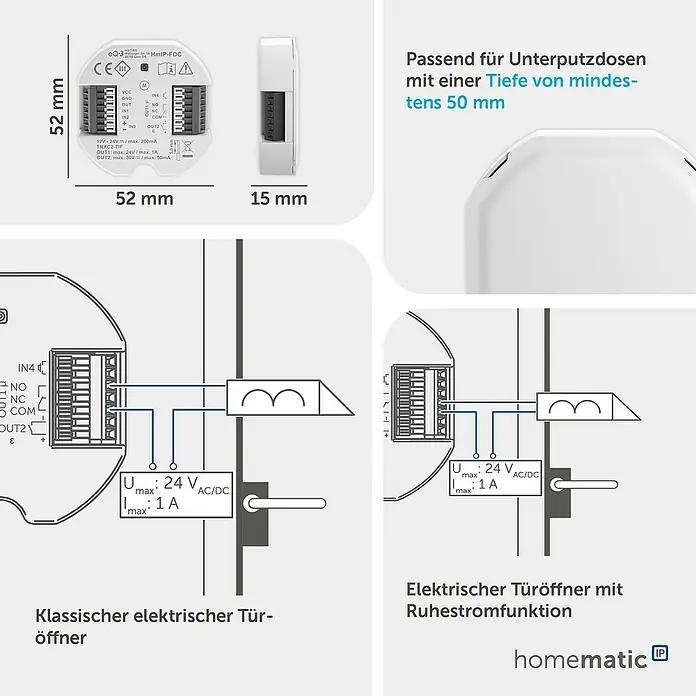 Homematic IP Türöffner-Steuerung Universal - L x B x H: 9,3 x 12,2 x 3,6 cm, Funk - Kompaktes weißes Homematic IP Unterputzmodul mit Klemmenblöcken. Es misst 52x52x15 mm und zeigt Schaltpläne für elektrische Türöffner.