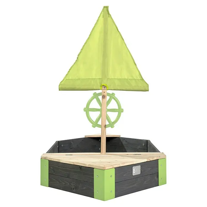 Exit Toys Sandkasten Aksent Boot - 190 x 90 x 135 cm, Holz, Grau/Grün - Hölzerner Sandkasten in Bootsform mit hellgrünem Segel, naturfarbenem und dunkelgrauem Holz sowie grünem Steuerrad. Ideal zum Spielen.