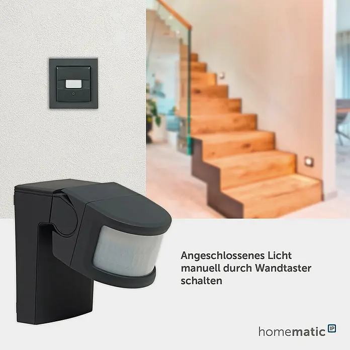 Homematic IP Bewegungsmelder mit Schaltaktor - Anthrazit, 1.150 W - Dunkelgrauer Bewegungsmelder und Wandschalter zur manuellen Lichtsteuerung.