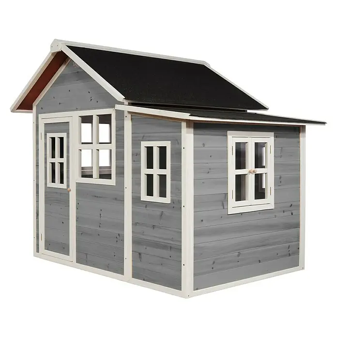 Exit Toys Spielhaus Loft 150 - L x B x H: 188 x 149 x 159 cm, Holz, Grau - Graues Holz-Spielhaus mit schwarzem Dach und weißer Zierleiste, mit mehreren Fenstern und einer Tür.