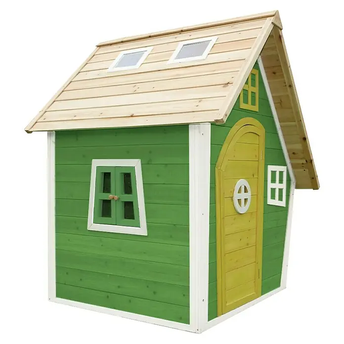 Exit Toys Spielhaus Fantasia 100 - L x B x H: 128 x 108 x 171 cm, Holz, Grün - Spielhaus aus Holz für Kinder mit grünen Wänden, gelber Tür und Naturholzdach mit Dachfenstern.