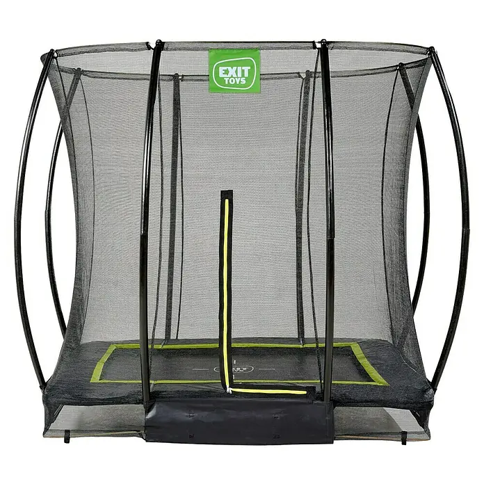 Exit Toys Trampolin Silhouette Bodentrampolin mit Sicherheitsnetz - Schwarz, 214 x 153 x 205 cm - Schwarzes, rechteckiges Trampolin mit schwarzem Sicherheitsnetz und grünen Akzenten auf Sprungmatte und Reißverschluss.