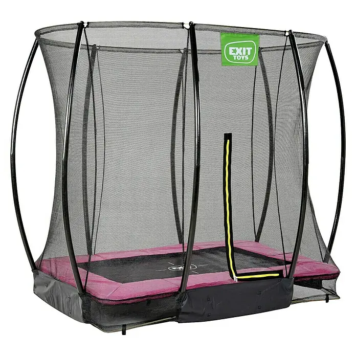 Exit Toys Trampolin Silhouette Bodentrampolin mit Sicherheitsnetz - Rosa, 214 x 153 x 205 cm - Schwarzes Trampolin mit Sicherheitsnetz, pink-schwarzer Randabdeckung und grünem Logo.