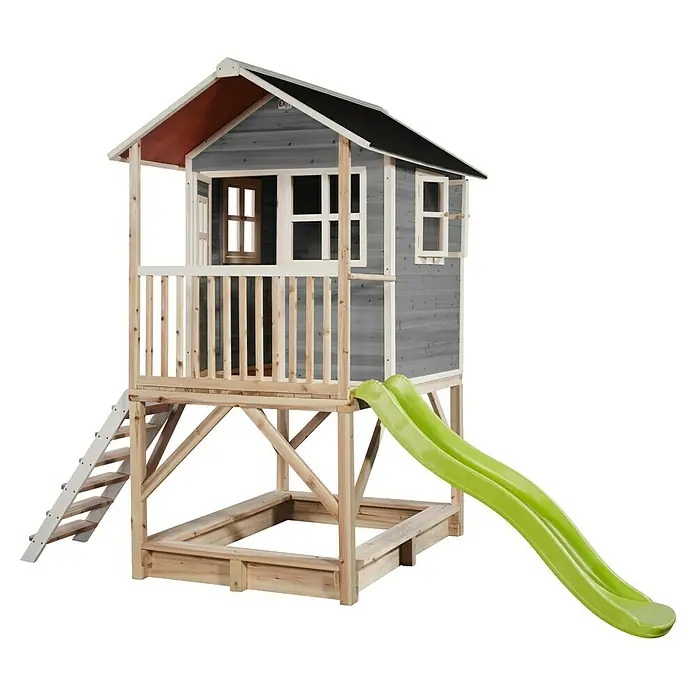 Exit Toys Spielhaus Loft 500 - L x B x H: 329 x 190 x 253 cm, Holz, Grau - Erhöhtes graues Holzspielhaus mit grüner Rutsche und Sandkasten.