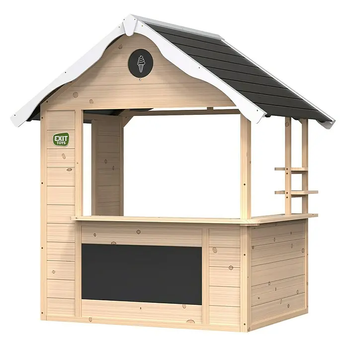 Exit Toys Spielhaus Hika - L x B x H: 140 x 111 x 155 cm, Holz, Natur - Hölzerner Spielstand mit Theke, Dach und einer Kreidetafel. Mit Eistüten-Symbol und „EXIT TOYS“-Logo.