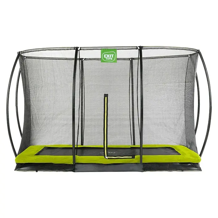 Exit Toys Trampolin Silhouette Bodentrampolin mit Sicherheitsnetz - Grün, 366 x 244 x 203 cm - Rechteckiges Trampolin mit schwarzem Sicherheitsnetz und grüner Schutzpolsterung.