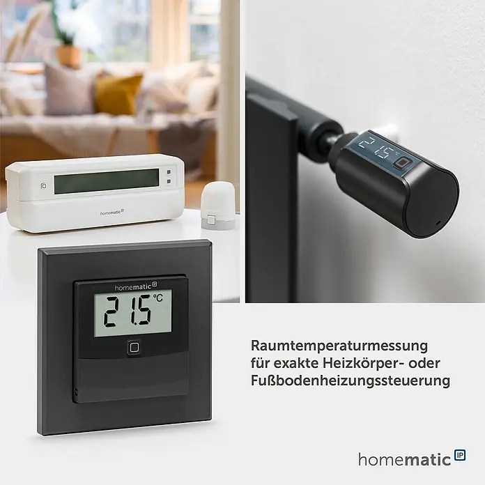 Homematic IP Funk-Temperatursensor HmIP-STHD-A - Anthrazit, L x B x H: 20 x 86 x 86 mm, Batteriebetrieben, IP20 - Weiße und schwarze Homematic IP Smart-Thermostate und Temperatursensoren für Heizkörper- und Fußbodenheizung, zeigen 21.5°C.