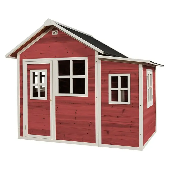 Exit Toys Spielhaus Loft 150 - L x B x H: 188 x 149 x 159 cm, Holz, Rot - Rotes Holzspielhaus mit weißer Verkleidung und schwarzem Dach für Kinder.