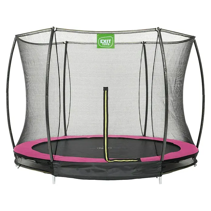 Exit Toys Trampolin Silhouette Bodentrampolin mit Sicherheitsnetz - Durchmesser: 244 cm, Rosa - Rundes Trampolin mit schwarzem Sicherheitsnetz, lila Polsterung und schwarzer Sprungmatte. Gelber Reißverschluss.