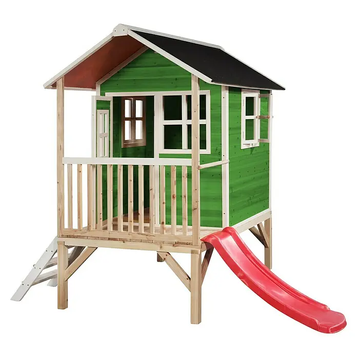 Exit Toys Spielhaus Loft 300 - L x B x H: 269 x 190 x 215 cm, Holz, Grün - Grünes Holz-Spielhaus auf Stelzen mit Holzgeländer, Leiter und roter Rutsche.