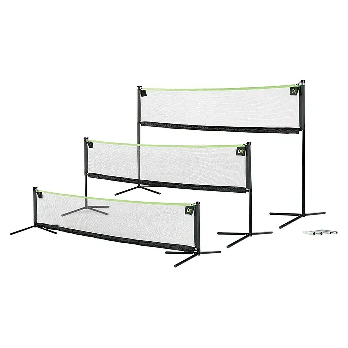 Exit Toys Sportnetz - Höhenverstellbar, 300 x 155 cm, Stahl - Drei tragbare Sportnetze mit schwarzen Rahmen und grünen Akzenten, geeignet für verschiedene Netzsportarten. Inklusive modularer Stangen.