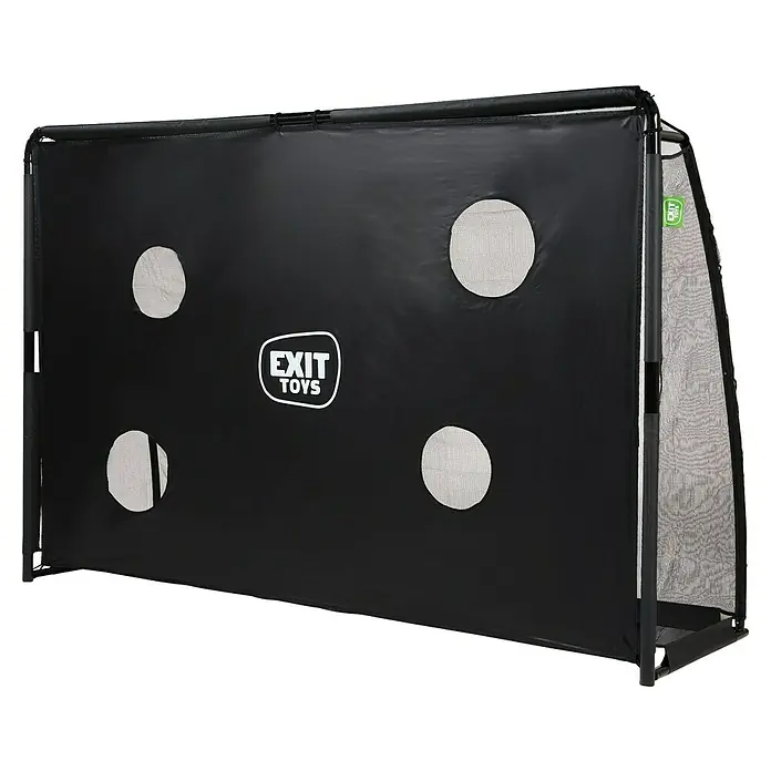 Exit Toys Fußballtor Finta - 300 x 200 cm, Mit Torwand, Schwarz - Schwarzes Fußballtor mit einer Zielwand, die vier Netzlöcher und ein "EXIT TOYS"-Logo aufweist, ideal für Präzisionstraining.