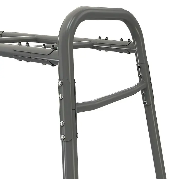 Exit Toys Schaukel GetSet Monkeybar MB110 - 173 x 115 x 248 cm, Stahl, Grau - Nahaufnahme eines grauen Metallrahmens mit glatten, gebogenen Stangen und sichtbaren Schraubverbindungen. Die robuste Struktur deutet auf eine stabile Montage hin.