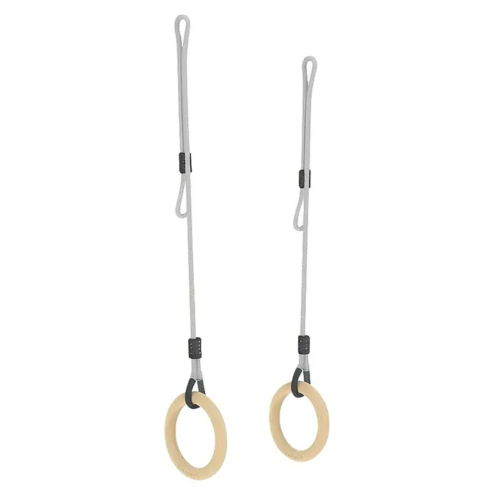 Exit Toys Turnring-Set GetSet MB200 / MB300 - 2 -tlg., Holz, Natur - Zwei Turnringe mit hellen Holzringen, weißen verstellbaren Gurten und schwarzen Schnallen.