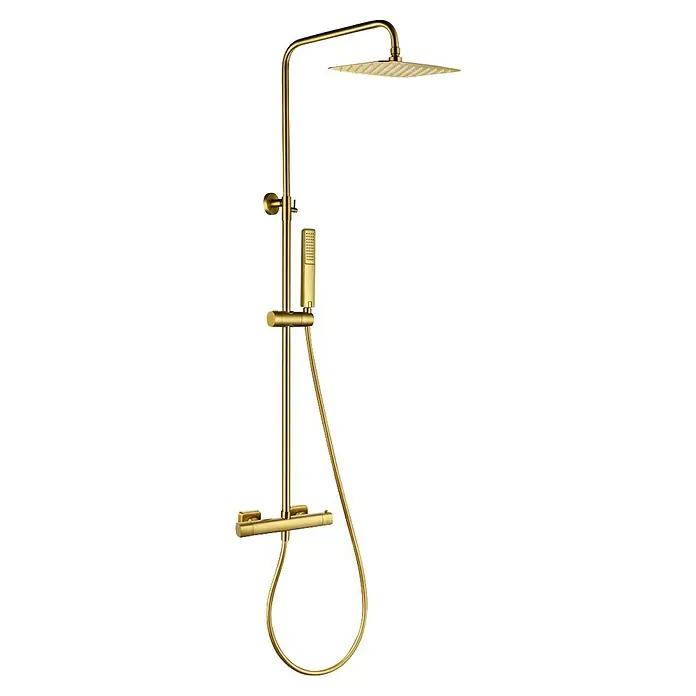 Camargue Bolonia Sistema de ducha - Con grifo termostático, Oro, Acero inoxidable - Sistema de ducha color oro con rociador cuadrado, ducha de mano y mezclador termostático.