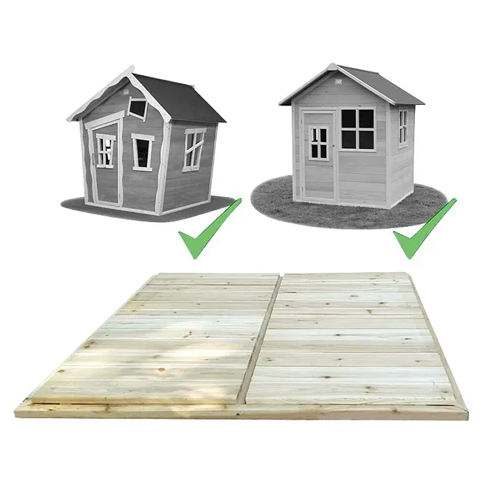 Exit Toys Spielhaus Bodenteile Loft 100 & Crooky 100 - L x B x H: 118 x 118 x 3 cm, Holz, Natur - Zwei hellbraune Holzspielhäuser, eines verspielt, eines klassisch, mit einer zweiteiligen Holzunterlage für den Außenbereich.