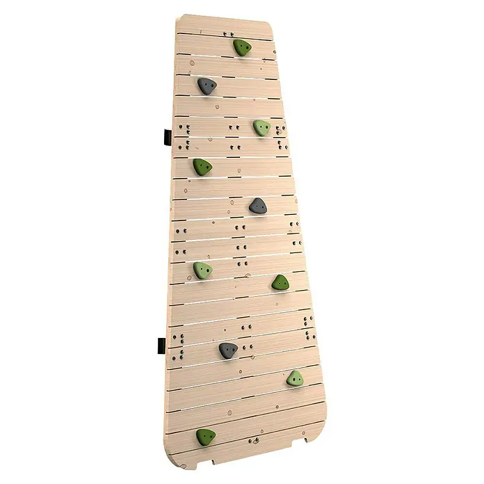 Exit Toys Kletterwand GetSet MB200/MB300 - Passend für: Klettergerüst GetSet Monkeybar MB200/MB300, 113 x 220 cm, Natur/Schwarz - Helle Kletterwand aus Holz mit grünen und grauen Griffen.