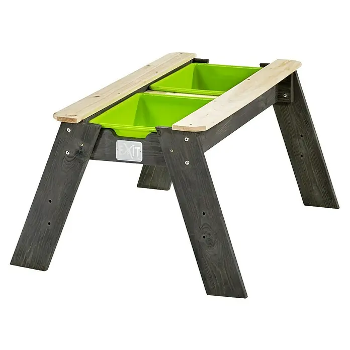 Exit Toys Kindertisch Aksent Sand- und Wassertisch - L x B x H: 94 x 69 x 50 cm, Holz, Grau, Ohne Sonnenschirm und Gartenwerkzeuge - Dunkelgrauer Sand- und Wassertisch aus Holz mit hellen Holzplatten und zwei leuchtend grünen Kunststoffbehältern für Kinder.