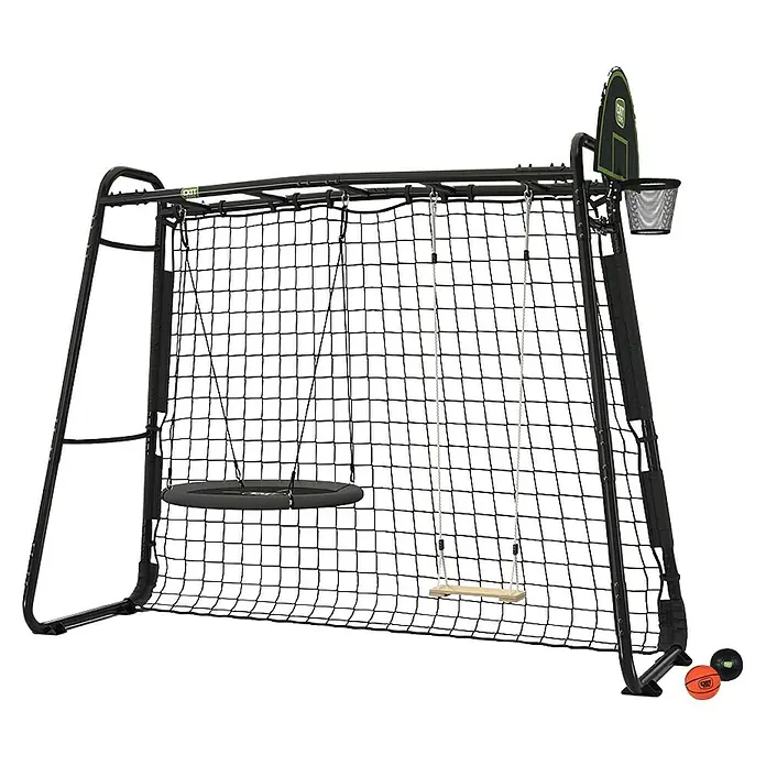 Exit Toys Klettergerüst GetSet Monkeybar MB205 - 331 x 115 x 248 cm, Stahl, Schwarz - Schwarzes Multi-Aktivitäts-Spielgestell mit Netz, Scheibenschaukel, Holzschaukel und Basketballkorb für Outdoor-Sport und Spiel.