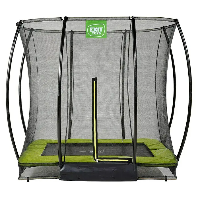 Exit Toys Trampolin Silhouette Bodentrampolin mit Sicherheitsnetz - Grün, 214 x 153 x 205 cm - Rechteckiges Trampolin mit grüner Polsterung, schwarzem Sicherheitsnetz und stabilem schwarzem Rahmen.