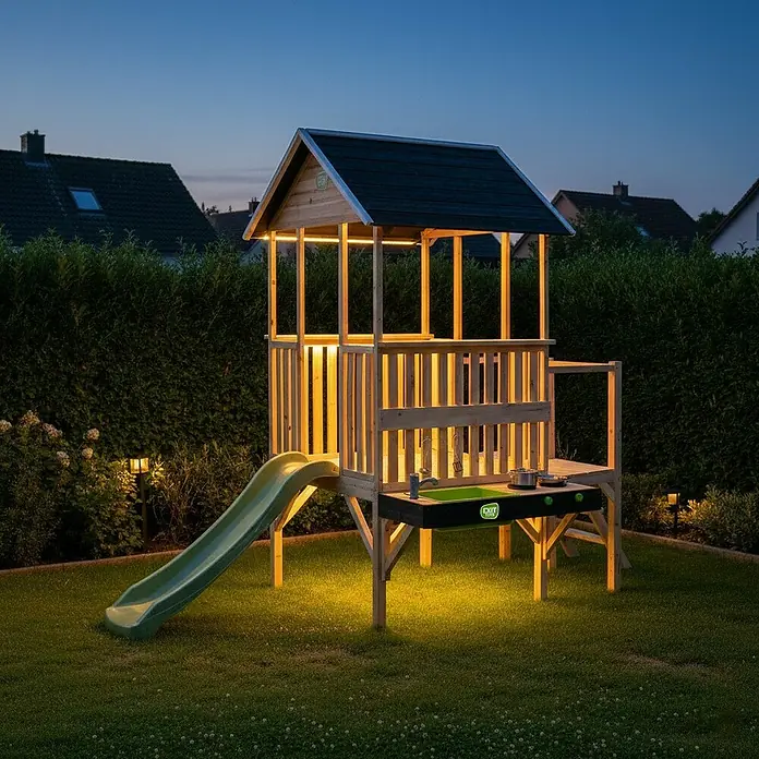 Exit Toys Spielhaus Panorama 350 - L x B x H: 267 x 146 x 203 cm, Holz, Natur - Hölzernes Spielhaus mit grüner Rutsche, Innenbeleuchtung und Spielküche, in einem Garten bei Dämmerung.
