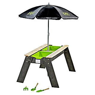 Exit Toys Kindertisch Aksent Sand- und Wassertisch (L x B x H: 94 x 69 x 50 cm, Holz, Grau, Mit Sonnenschirm und Gartenwerkzeugen)