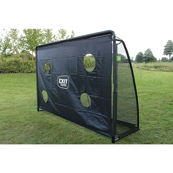 Exit Toys Fußballtor Finta - 300 x 200 cm, Mit Torwand, Schwarz - Schwarzes Fußballtor mit einer Schusswand mit runden Ausschnitten, draußen auf Rasen aufgestellt.