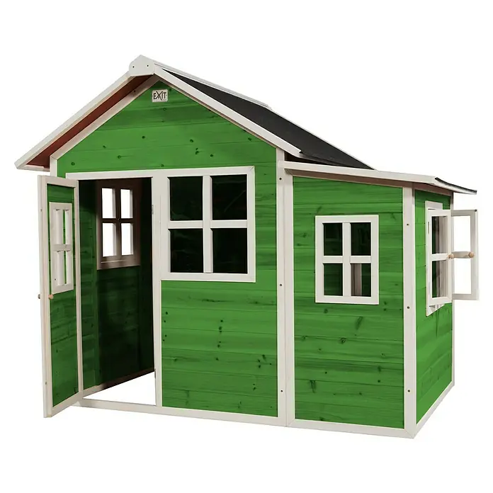 Exit Toys Spielhaus Loft 150 - L x B x H: 188 x 149 x 159 cm, Holz, Grün - Grünes Holzspielhaus mit weißer Verkleidung, offener Tür und Fenstern.