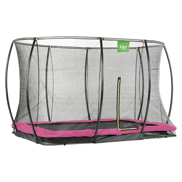 Exit Toys Trampolin Silhouette Bodentrampolin mit Sicherheitsnetz - Rosa, 366 x 244 x 203 cm - Pinkes Trampolin mit schwarzem Sicherheitsnetz und grünem 'EXIT TOYS' Logo. Verfügt über einen gelben Reißverschluss.
