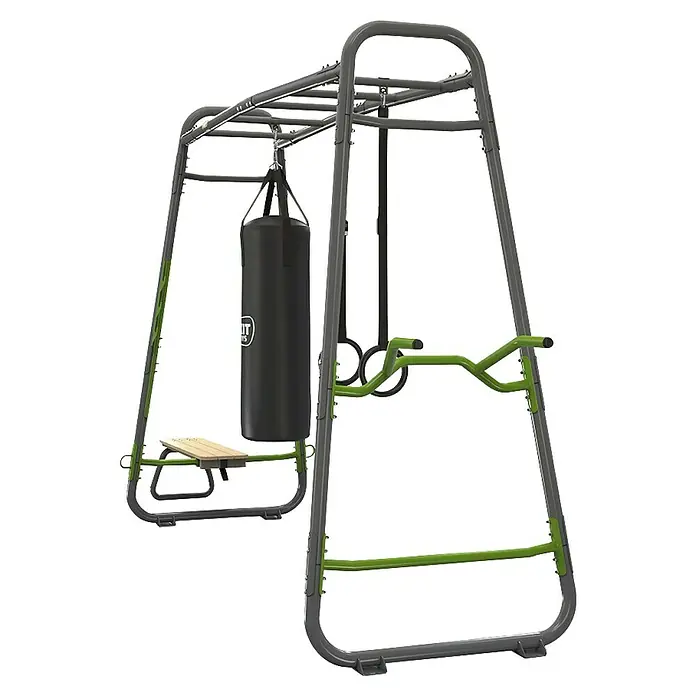 Exit Toys Klettergerüst GetSet Monkeybar MB230 - 442 x 125 x 248 cm, Stahl, Grau - Multifunktionale Fitnessstation in Grau und Grün mit Boxsack, Ringen, Dip-Bars und Bank für verschiedene Übungen.