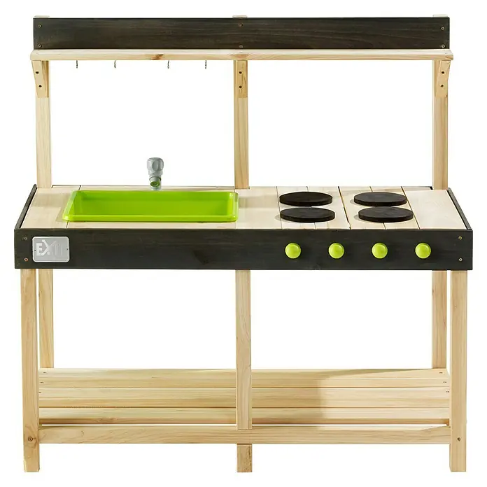 Exit Toys Matschküche Yummy 100 - 53 x 102 x 98 cm, Holz, Natur - Hölzerne Outdoor-Spielküche mit Spüle, Herd und Regalen. Mit Natur- und dunklem Holz sowie grünen Akzenten.