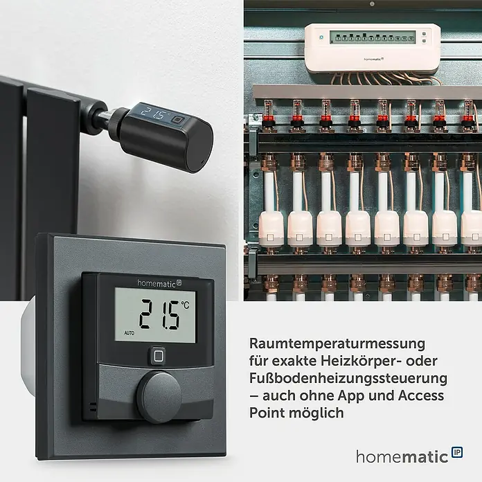 Homematic IP Funk-Raumthermostat HmIP-BWTH-A - Netzbetrieben, 230 V, 54 x 86 x 86 mm, Anthrazit - Homematic IP Smart-Heizsystem: schwarze Heizkörper- und graue Wandthermostate (21.5°C Display) sowie Fußbodenheizungsverteiler mit Steuereinheit.