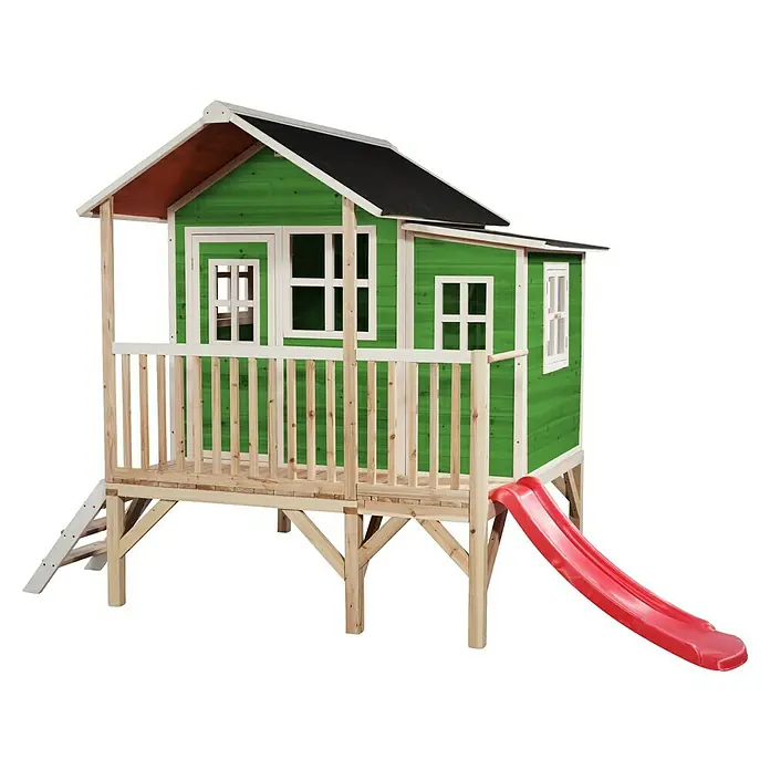 Exit Toys Spielhaus Loft 350 - L x B x H: 322 x 190 x 215 cm, Holz, Grün - Grünes Holzspielhaus auf Stelzen mit natürlichem Holzgeländer, Leiter und roter Rutsche.