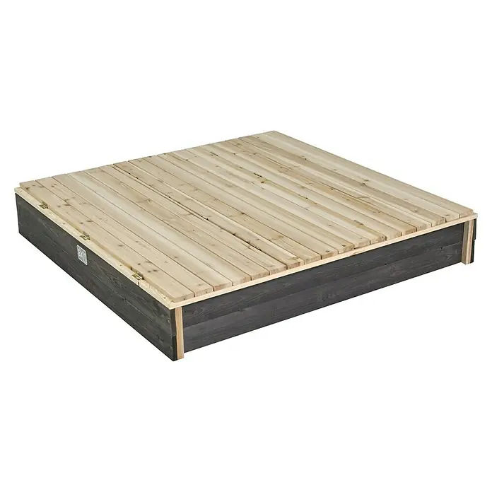 Exit Toys Sandkasten Aksent Sitzbank - 136 x 132 x 20 cm, Holz, Grau - Hölzerner Sandkasten mit hellem Naturholz-Klappdeckel und dunkelgrauem Unterbau.