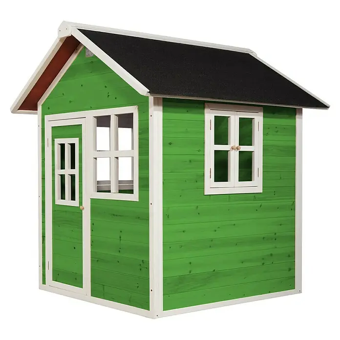 Exit Toys Spielhaus Loft 100 - L x B x H: 149 x 135 x 159 cm, Holz, Grün - Grünes Holzspielhaus mit weißem Rahmen, schwarzem Dach, Tür und mehreren Fenstern für den Spielplatz.