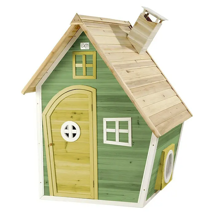 Exit Toys Spielhaus Fantasia 100 - L x B x H: 128 x 108 x 171 cm, Holz, Grün - Grünes und naturfarbenes Holz-Spielhaus für Kinder mit Rundbogentür, Fenstern und Schornstein.