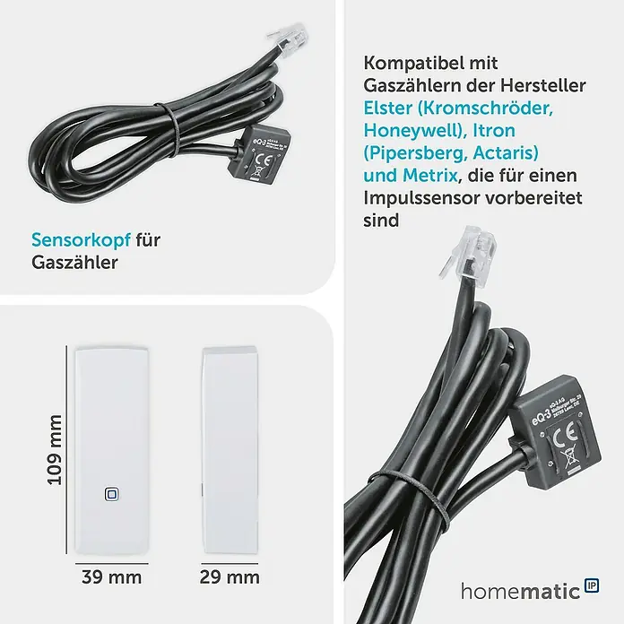 Homematic IP Kontakt-Schnittstelle HmIP-ESI-GAS für Gaszähler - Batteriebetrieben - Ein schwarzer Sensorkopf mit RJ11-Kabel und ein weißer rechteckiger Homematic IP Sensor (109x39x29mm) für Gaszähler.