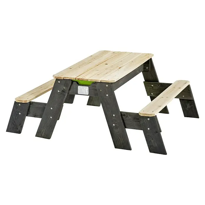 Exit Toys Kinder-Picknicktisch Aksent Sand- und Wassertisch - L x B x H: 120 x 94 x 50 cm, Holz, 2 Bänke - Kinder-Picknicktisch aus Holz mit heller Platte, dunkelgrauen Beinen und grüner Ablage.
