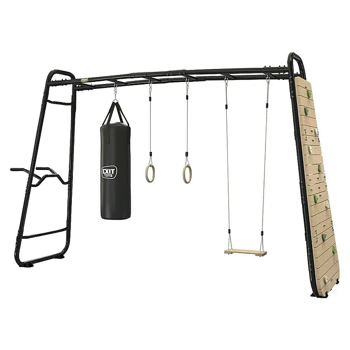 Exit Toys Klettergerüst GetSet Monkeybar MB320 - 400 x 125 x 248 cm, Stahl, Schwarz - Schwarzmetall-Outdoor-Fitnessgerät mit Boxsack, Turnringen, Holzschaukel und Kletterwand.