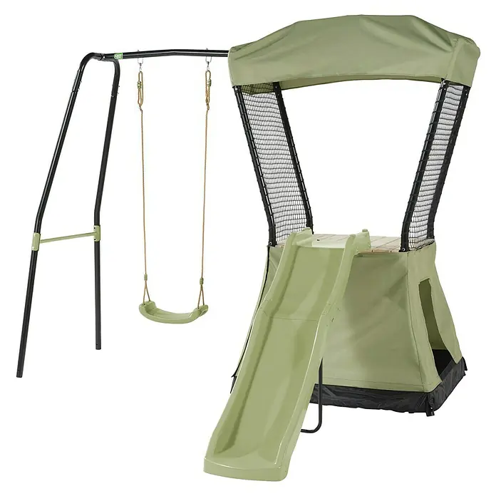Exit Toys Spielhaus Ivy - L x B x H: 253 x 268 x 216 cm, Holz, Grün/Schwarz, Mit Rutsche und Schaukel - Grünes Kinderspielset mit Schaukel, Rutsche, Klettergerüst und Zeltbereich, mit schwarzem Metallrahmen und grünen Stoff-/Kunststoffelementen.