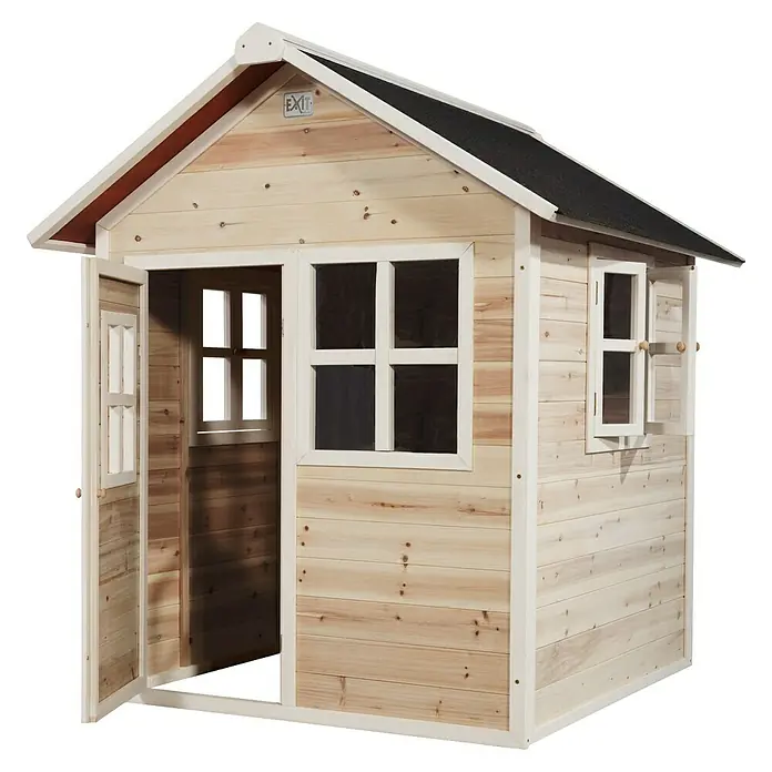 Exit Toys Spielhaus Loft 100 - L x B x H: 149 x 135 x 159 cm, Holz, Natur - Helles Holzspielhaus mit schwarzem Dach und weißen Akzenten, offener Tür und Fenstern.