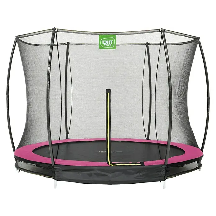 Exit Toys Trampolin Silhouette Bodentrampolin mit Sicherheitsnetz - Durchmesser: 305 cm, Rosa - Schwarzes Trampolin mit pinker Randabdeckung und schwarzem Sicherheitsnetz, mit grünem EXIT TOYS Logo.