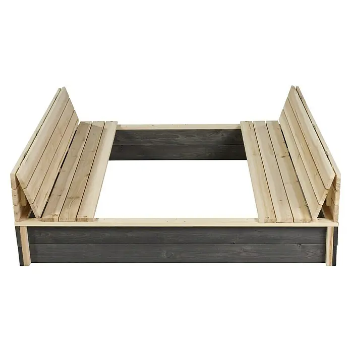 Exit Toys Sandkasten Aksent Sitzbank - 136 x 132 x 20 cm, Holz, Grau - Hölzerner Sandkasten mit dunkelgrauem Boden und hellen Klappbänken, die sich in einen Schutzdeckel verwandeln.