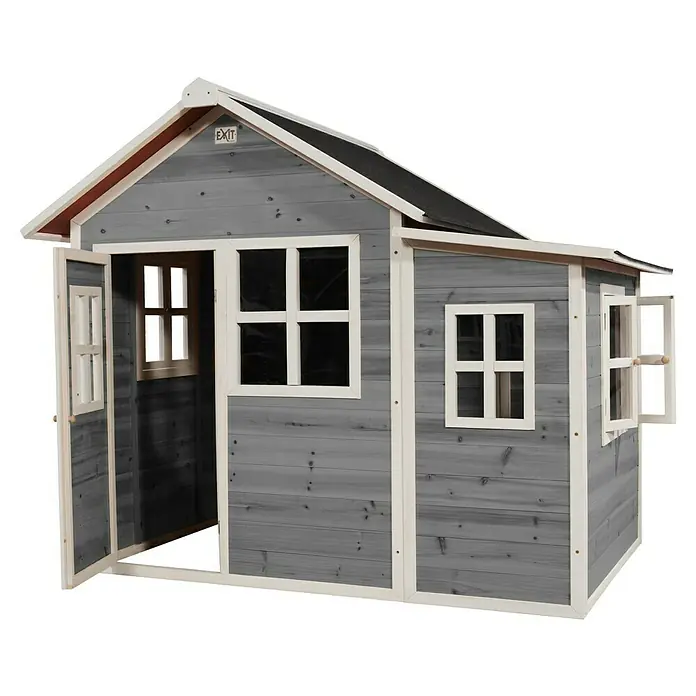 Exit Toys Spielhaus Loft 150 - L x B x H: 188 x 149 x 159 cm, Holz, Grau - Graues Kinder-Spielhaus aus Holz mit weißem Rahmen, schwarzem Dach und offener Tür/Fenstern.