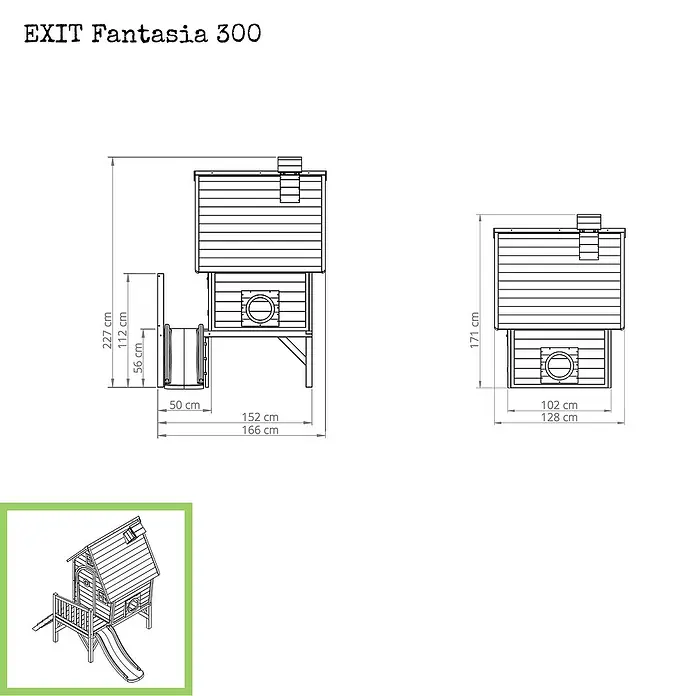 Exit Toys Spielhaus Fantasia 300 - L x B x H: 246 x 166 x 227 cm, Holz, Rot - Ein hölzernes Spielhaus auf Stelzen mit Rutsche und Treppe, technische Zeichnung mit Maßen.