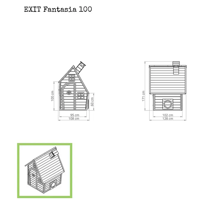 Exit Toys Spielhaus Fantasia 100 - L x B x H: 128 x 108 x 171 cm, Holz, Grün - Technische Zeichnung des EXIT Fantasia 100 Holz-Spielhauses mit Ansichten, Maßen und isometrischer Darstellung.