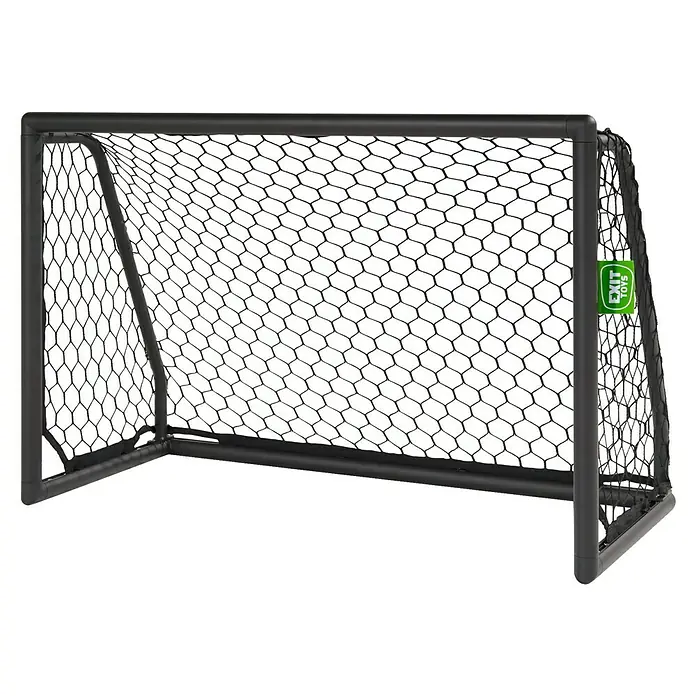 Exit Toys Fußballtor Scala - 120 x 55 x 80 cm, Schwarz - Schwarzes tragbares Fußballtor mit sechseckigem Netz und grünem 'EXIT TOYS'-Logoetikett.