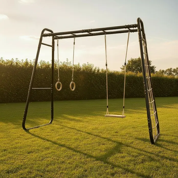 Exit Toys Klettergerüst GetSet Monkeybar MB210 - 331 x 115 x 248 cm, Stahl, Schwarz - Schwarze Metallschaukelanlage mit Holzschaukel und Turnringen.