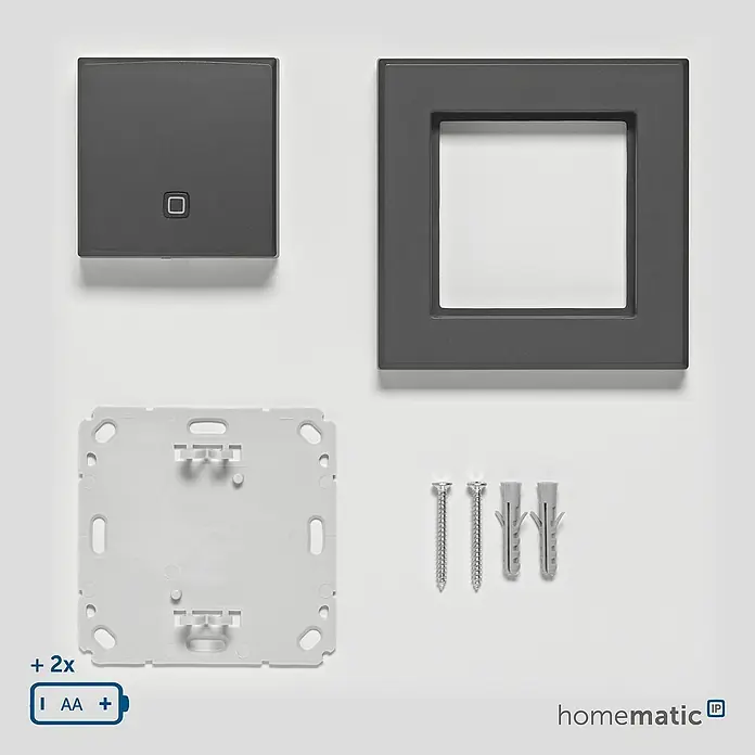 Homematic IP Funk-Temperatursensor HmIP-STH-A - Anthrazit, 20 x 86 x 86 mm, Batteriebetrieben - Dunkelgraues Smart-Home-Funkwandschalter-Set mit Rahmen, Montageplatte, Schrauben und Dübeln zur Installation.