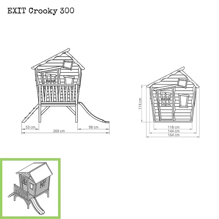 Exit Toys Spielhaus Crooky 300 - L x B x H: 269 x 184 x 227 cm, Holz, Grau/Beige - Strichzeichnung eines Holzspielhauses mit Rutsche, inklusive Maße und isometrischer Ansicht.